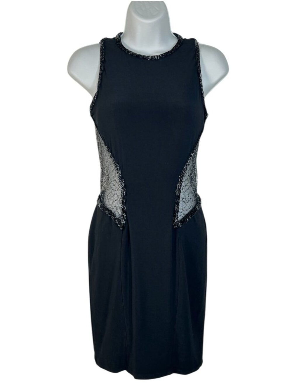 Mac Duggal Black Mini Dress Mesh Panel Side Cut Out Beaded Trim Cocktail 2